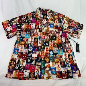 Retro PlayBoy Face All Over Print Magazine Cover Collage Button Up Shirt Small